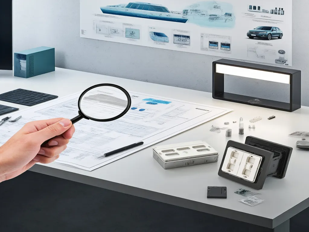 Hand holding magnifying glass over rocker switches design blueprint