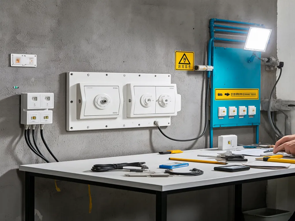 Rotary dimmer switches in an industrial setting with tools on a table