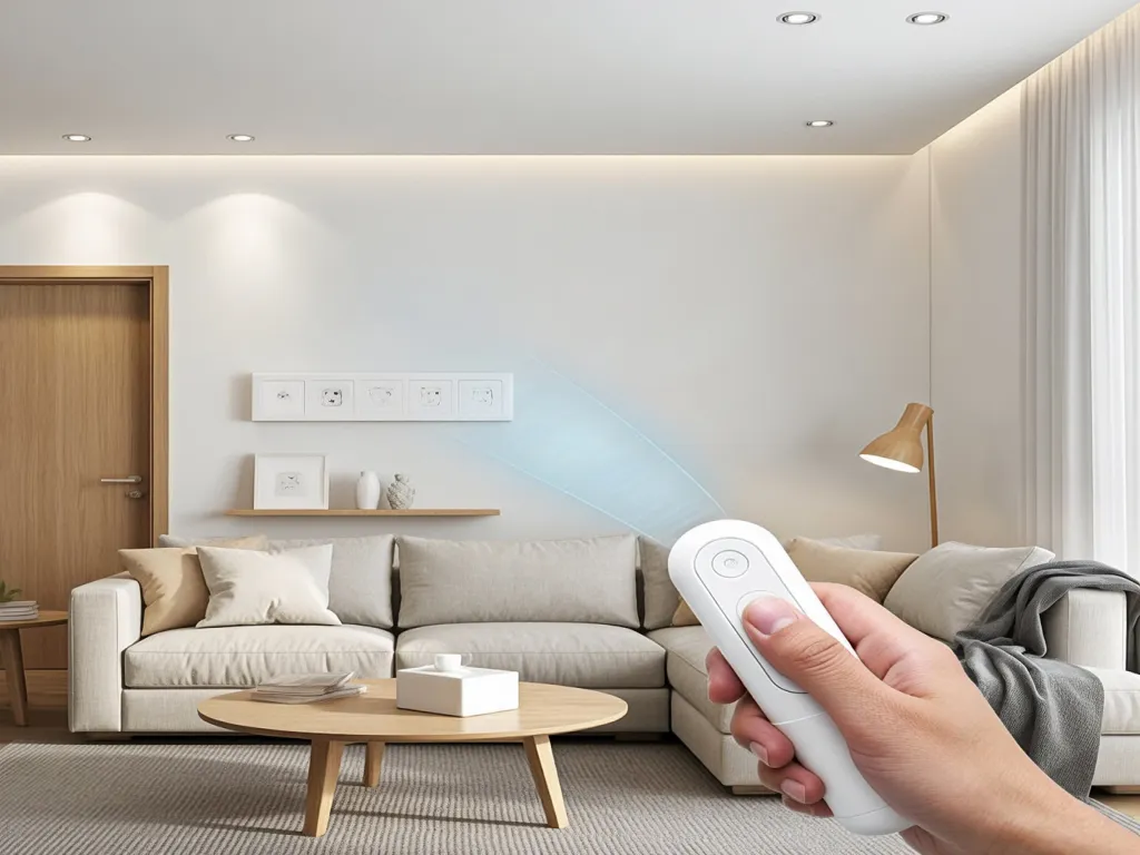 A hand holding a remote towards a rotary dimmer switch in a living room