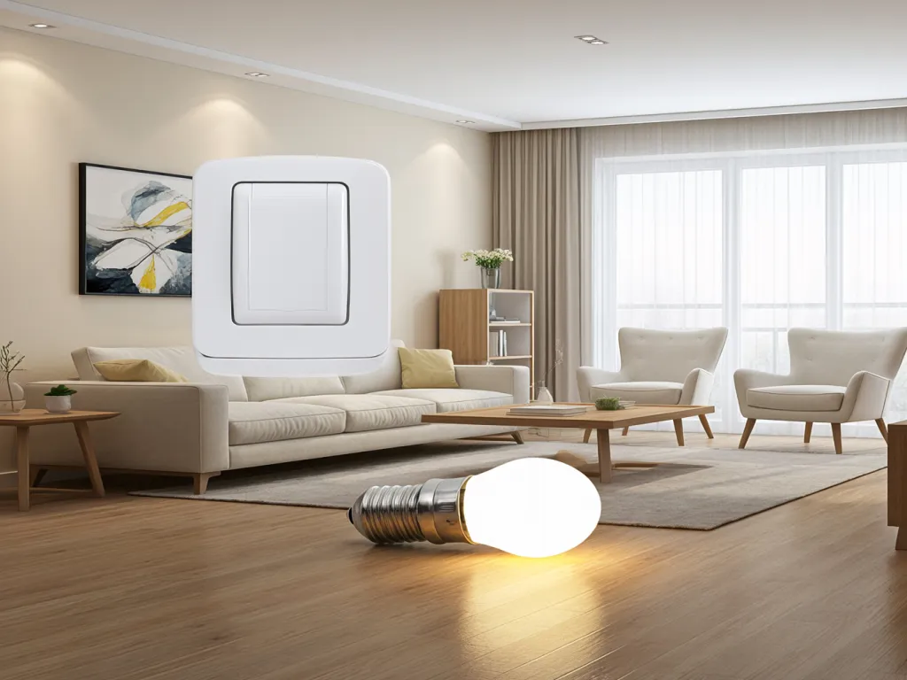 A rotary dimmer switch mounted on a wall in a living room