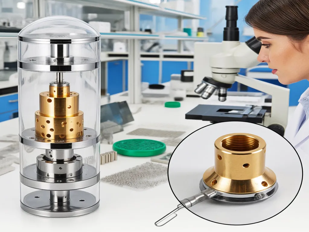 Rotary switch components in a laboratory setting with a magnified view of a brass part