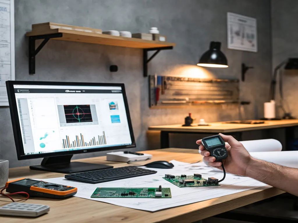 A hand holding a rotary switch tester connected to a computer displaying test results