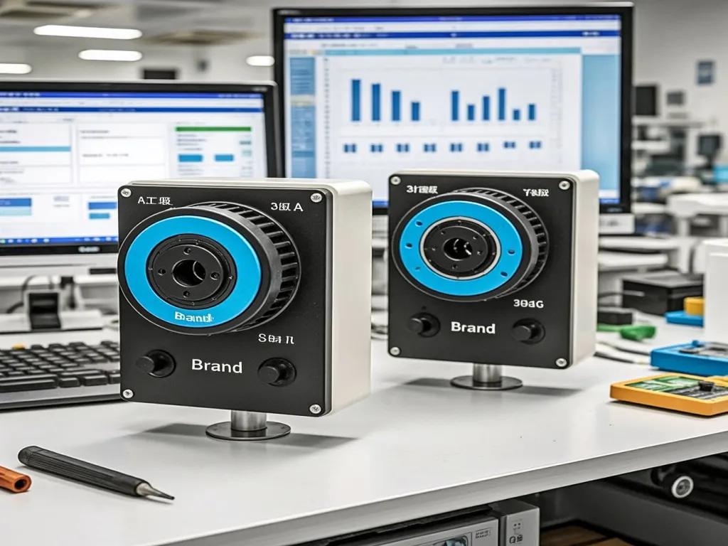 Two rotary switches on a desk with computer monitors in the background