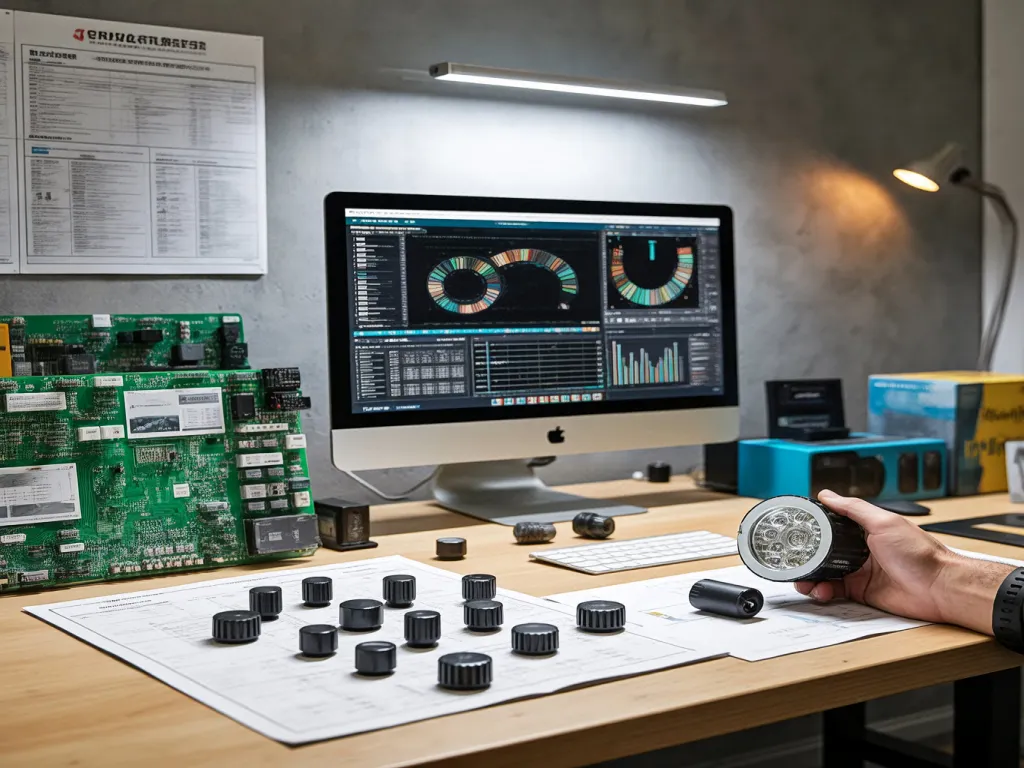 Rotary lamp switch testing on a desk with a computer