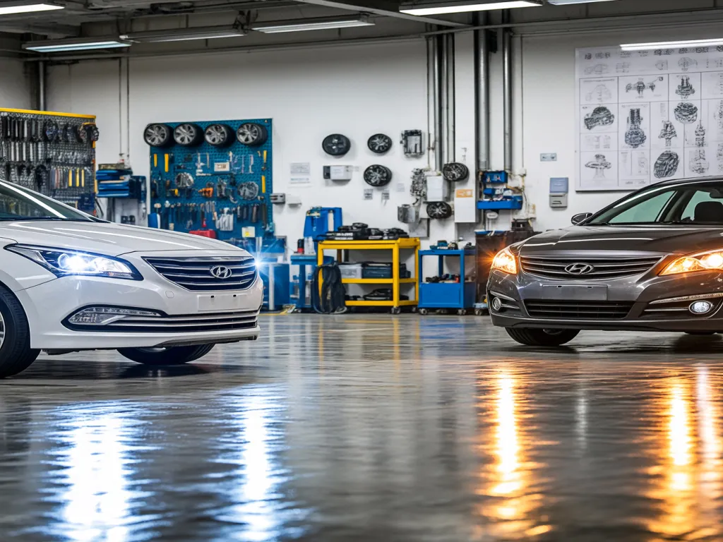 Cars with indicator lights on in a workshop