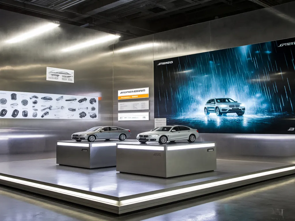 Luxury cars on display with indicator lights in a sleek showroom