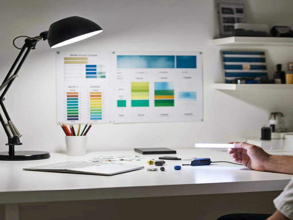 A person uses an LED indicator light on a desk