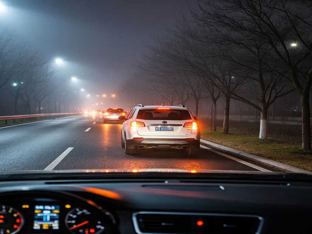 A car driving at night with its lights on