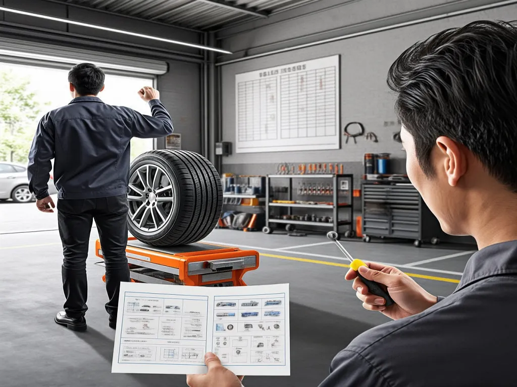 Mechanic checking tire pressure in a workshop