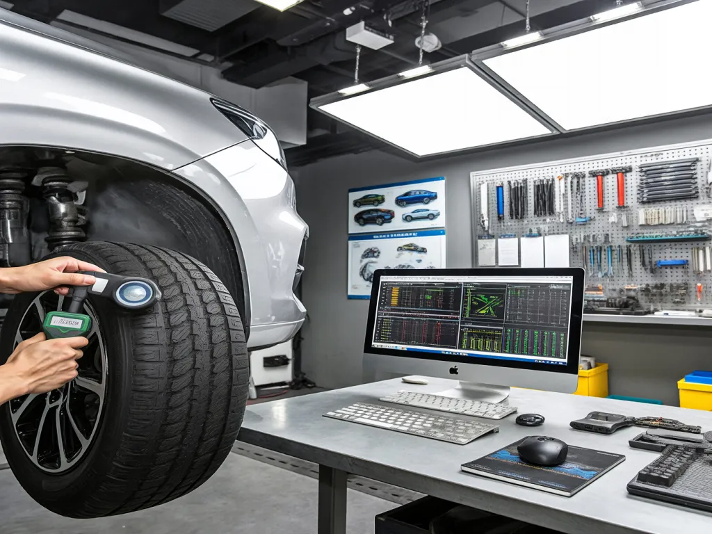 A person checks tire pressure with a gauge in a workshop