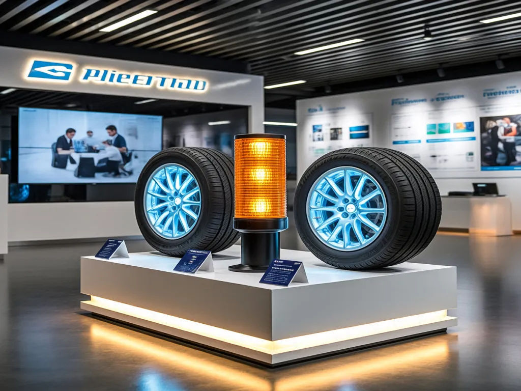 Tire pressure warning light on display in a showroom