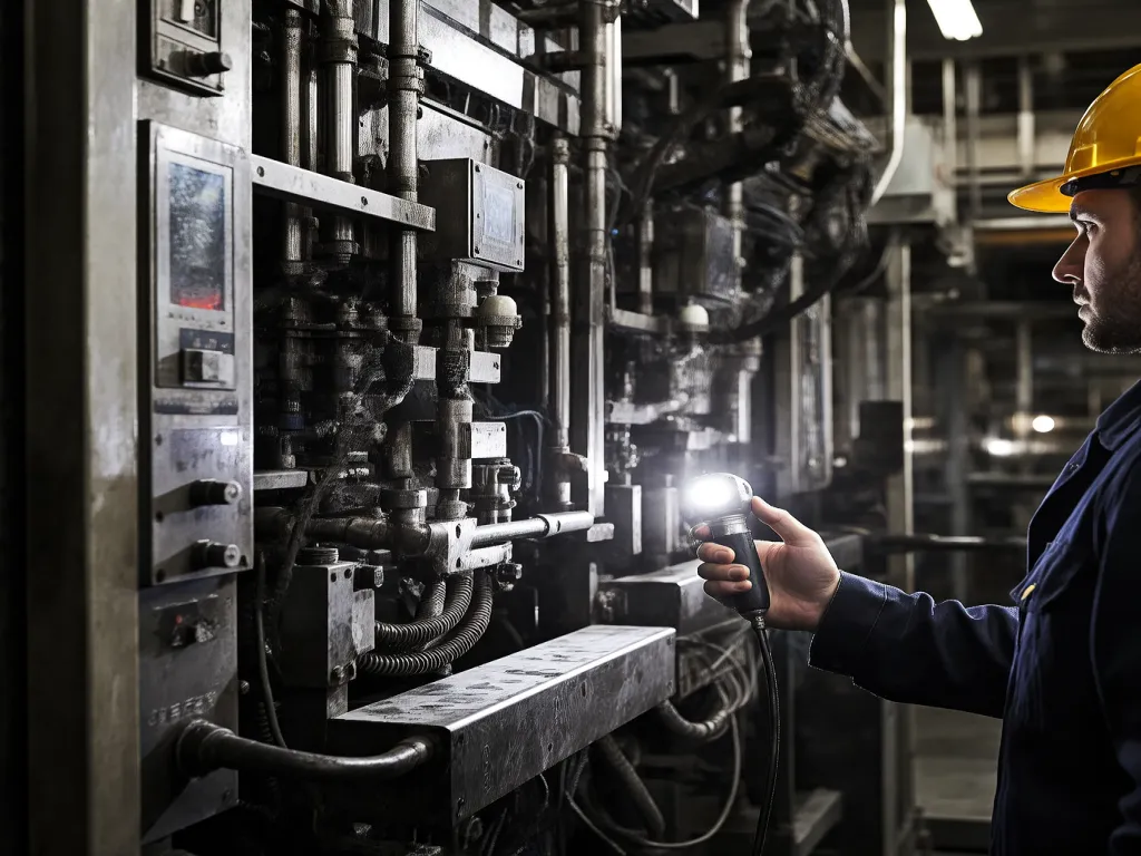 A worker inspects a machine with a flashlight, focusing on the rocker switch