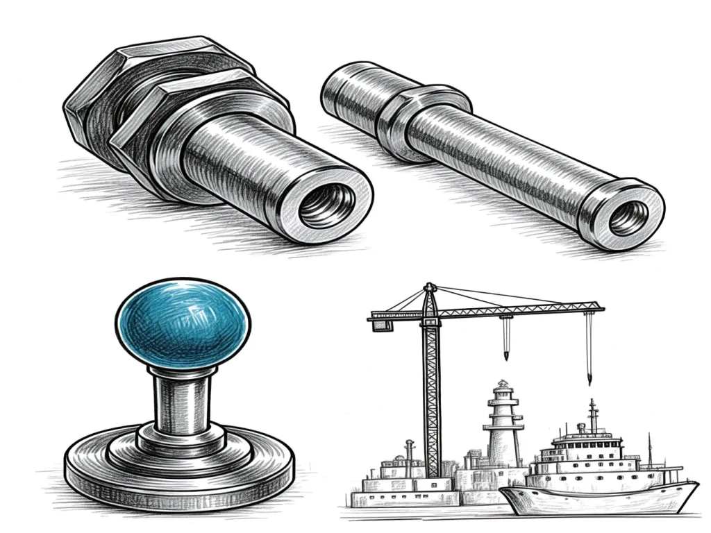 Sketches of rocker switch components and industrial machinery