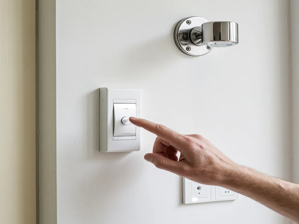 A hand pressing a rocker light switch on a wall
