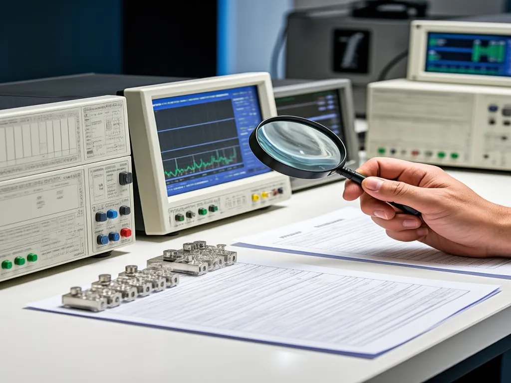 Hand holding magnifying glass over testing equipment for rocker switch
