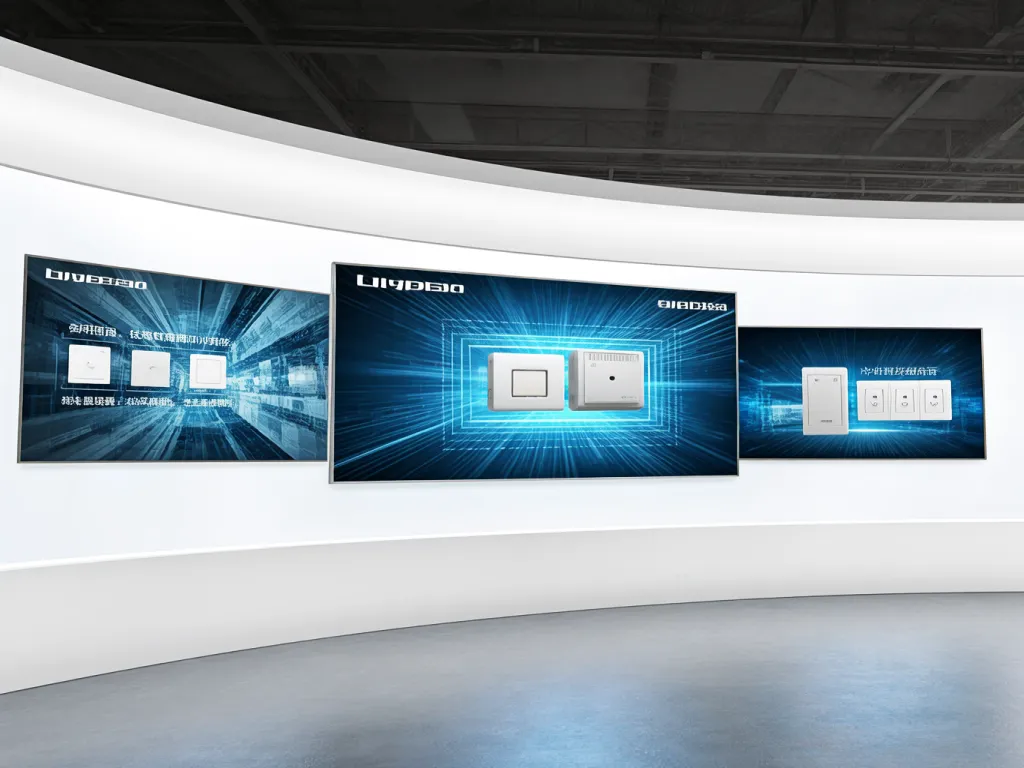Display wall showcasing various electronic components including lighted rocker switches