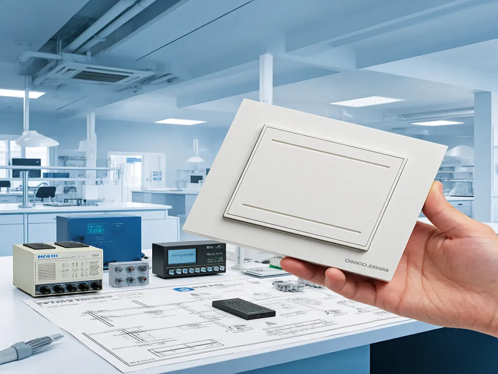 A hand holding a white rocker switch panel in a lab setting