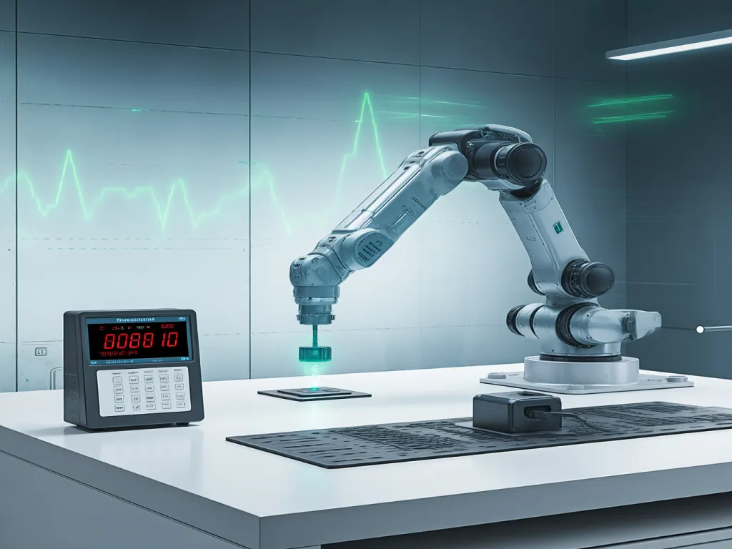 Robotic arm operating a push button switch symbol